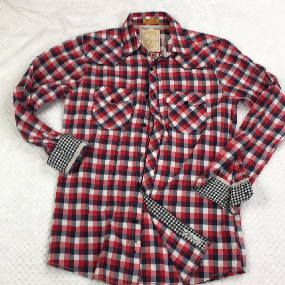 Sovereign Code Red Navy Plaid Button Down Top - image 4
